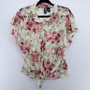 Weavers Womens Floral Lace Button Down Tie Front Top Pink Cream Short Sleeve L